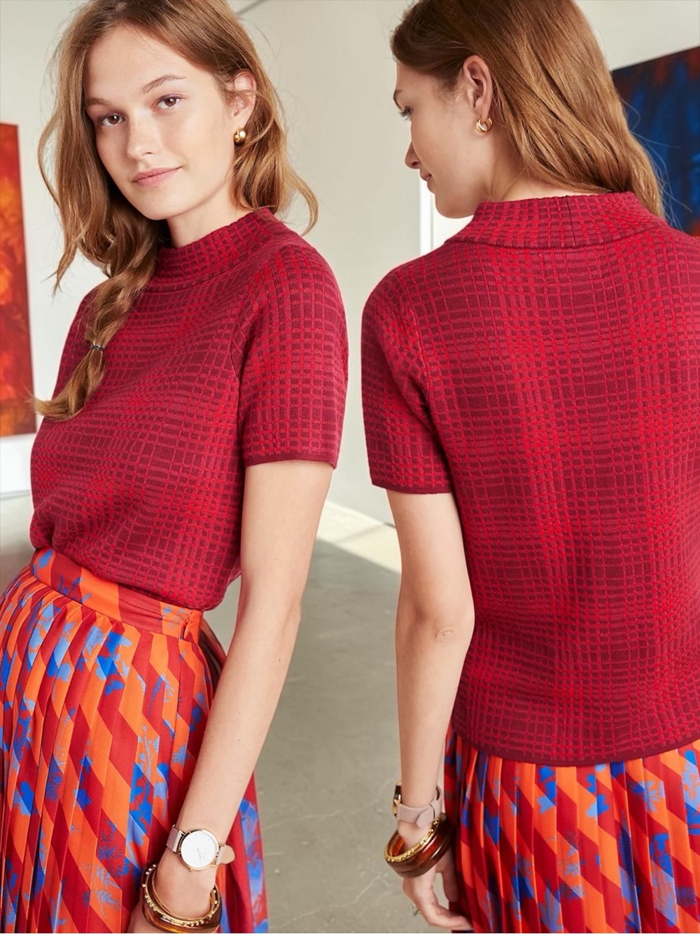 Anthropologie Women’s Field Flower Mock Neck Red Plaid Short Sleeve Knit Size XL